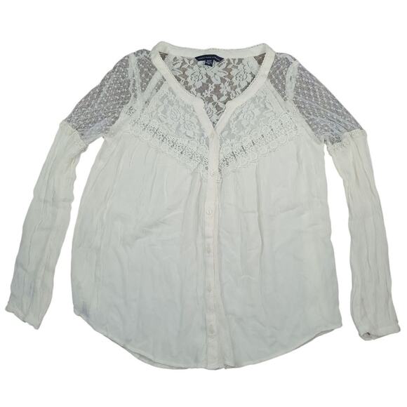 AE Ivory Peasant Top XS Boho Crochet Lace Fairycore Romantic Blouse - Picture 3 of 8